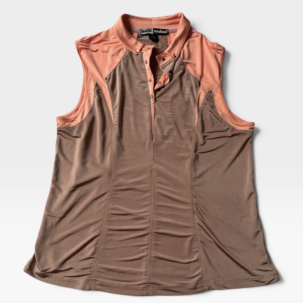 Jamie Sadock Womens Brown Coral Sleeveless Golf Polo Top Ruched Snap Neck L